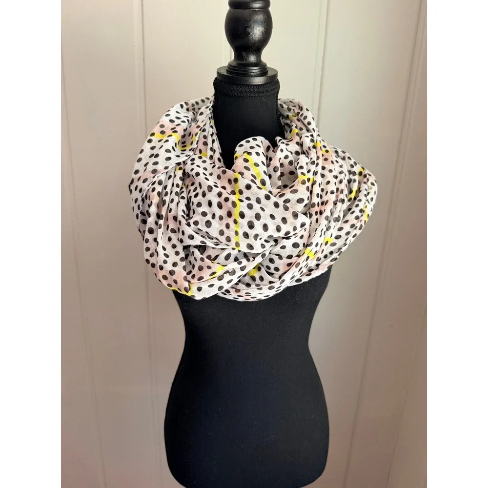 BCBGeneration Infinity Scarf White Black Polka Dot Yellow Stripe Lightweight
